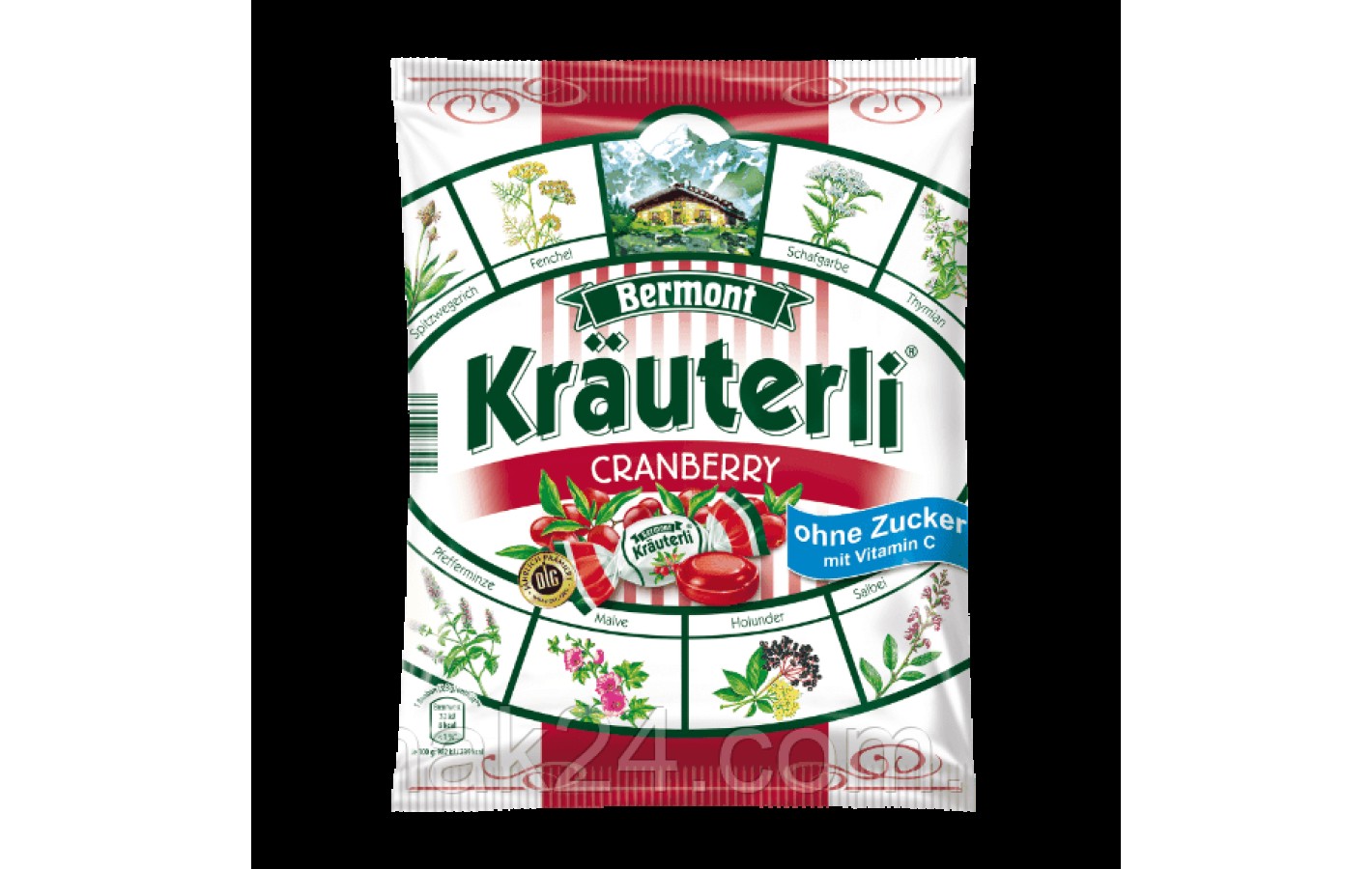 Леденцы (конфеты) БЕЗ САХАРА Bermont Kräuterli Cranberry с клюквой 125г Германия