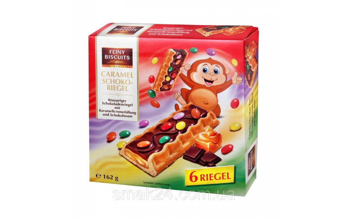 Печиво хрустке із шоколадно-кармелевою начинкою і ММДемсами Feiny Biscuits Caramel Schoko Riegel, 162 г.