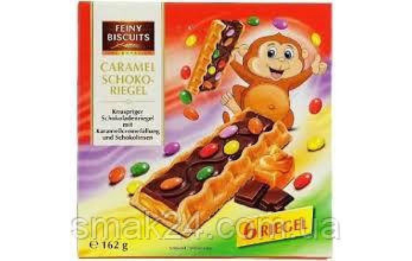 Печиво хрустке із шоколадно-кармелевою начинкою і ММДемсами Feiny Biscuits Caramel Schoko Riegel, 162 г.