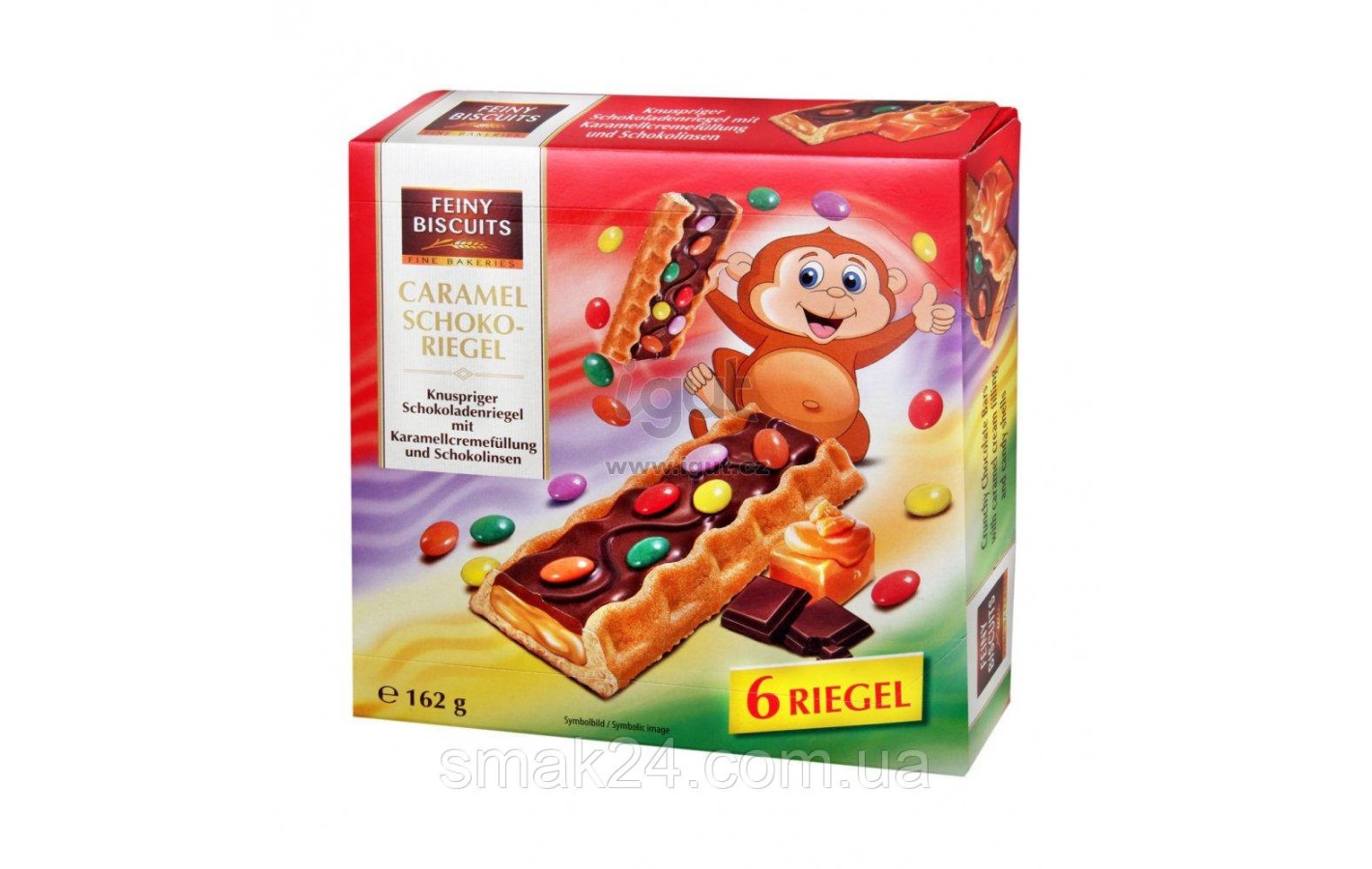 Печиво хрустке із шоколадно-кармелевою начинкою і ММДемсами Feiny Biscuits Caramel Schoko Riegel, 162 г.