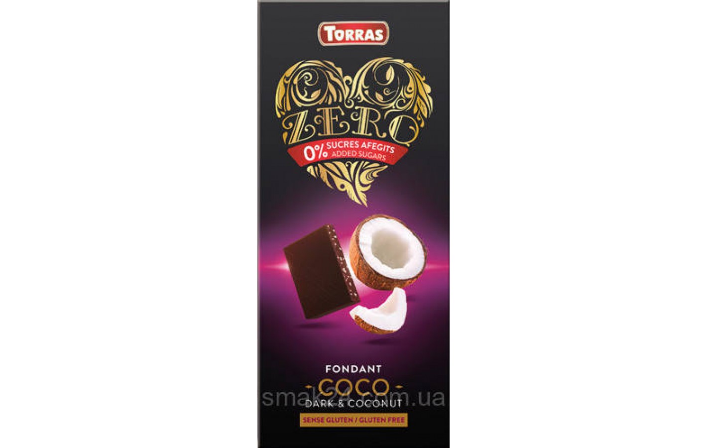 Шоколад без сахара и глютена Torras ZERO Coco черный с кокосом Испания 125г
