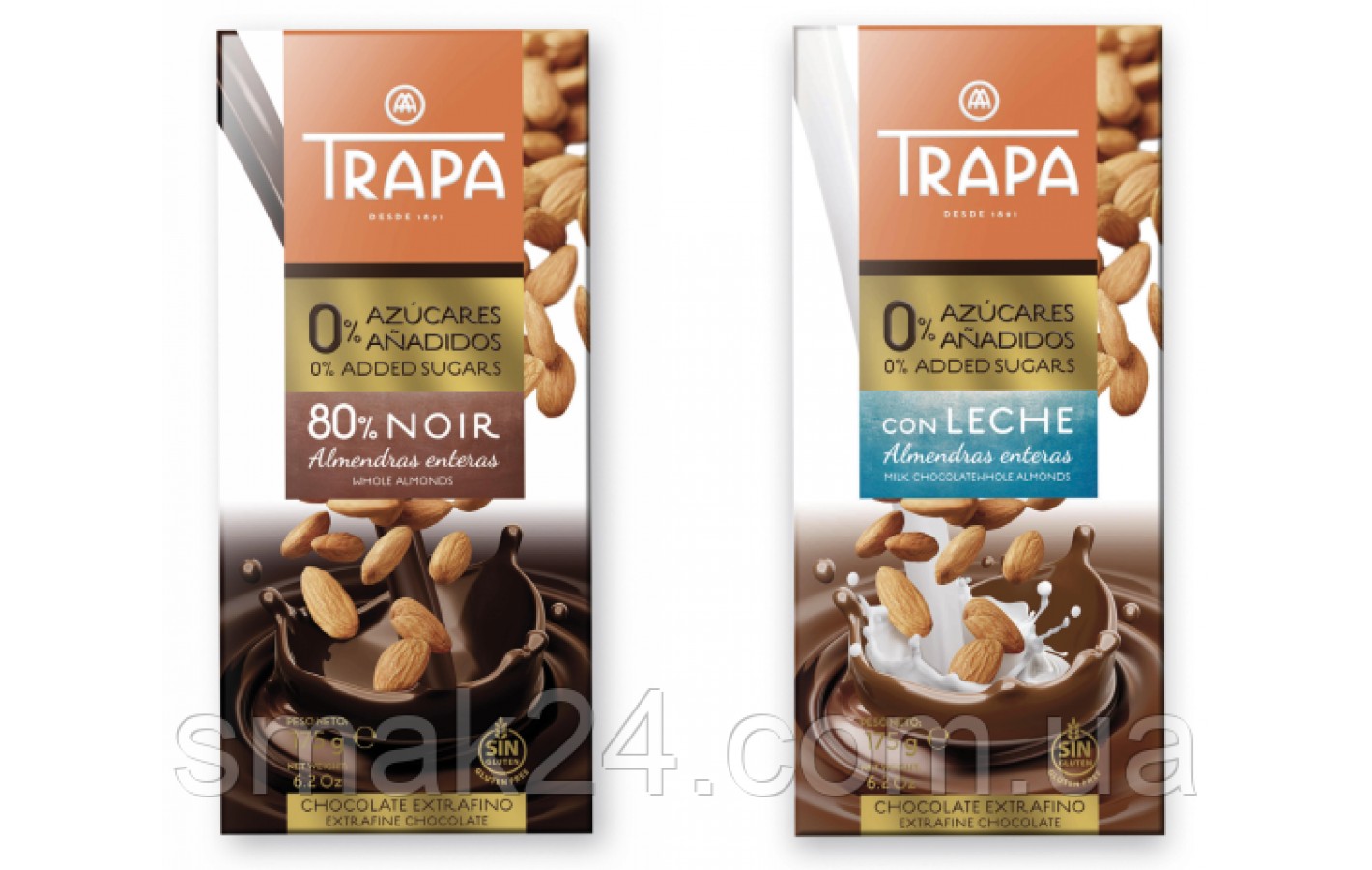 Шоколад черный без сахара и глютена с миндалем 80% какао Trapa Испания 175г