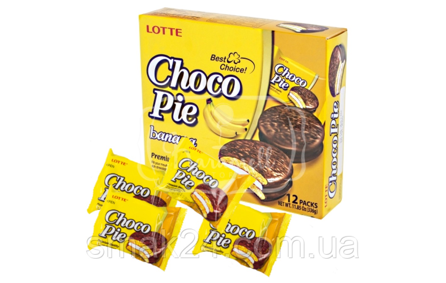 Печенье (Пирожное) шоколадное Choco Pie LOTTE Чоко пай Банан (12шт) 336г Ю.Корея