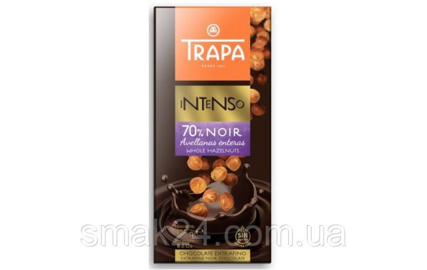 Шоколад черный без глютена с фундуком 70% какао Intenso Trapa Испания 175г