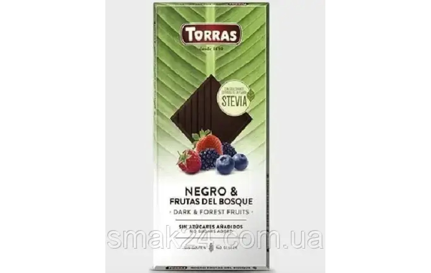 Шоколад черный без сахара и глютена с лесными ягодами Torras Stevia Negro & Frutas del Bosquo 125 г Испания