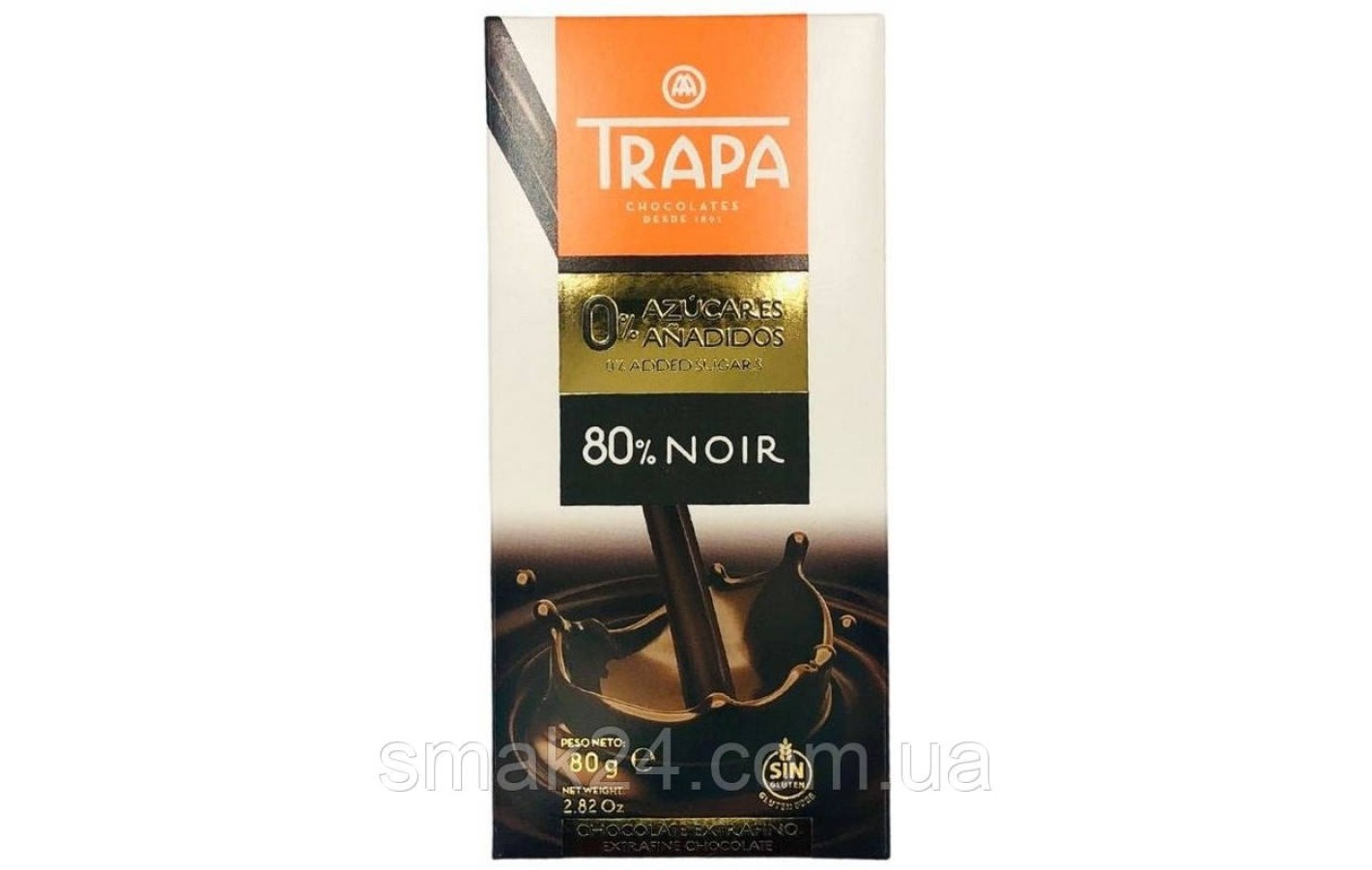 Шоколад чорний без цукру та глютену 80% какао Trapa 80 г Іспанія