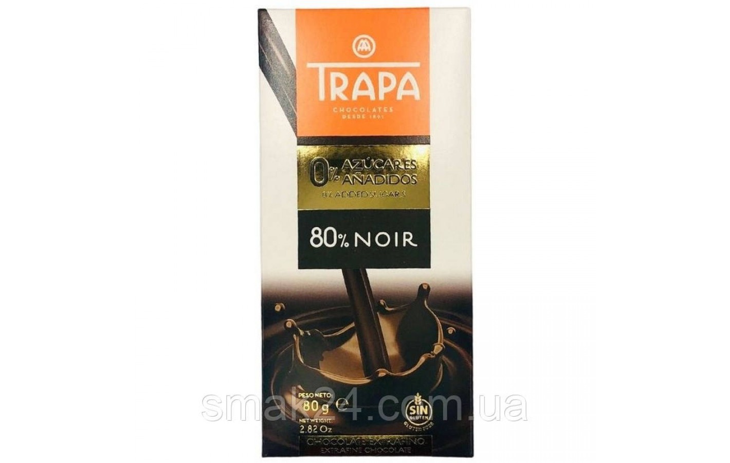 Шоколад чорний без цукру та глютену 80% какао Trapa 80 г Іспанія