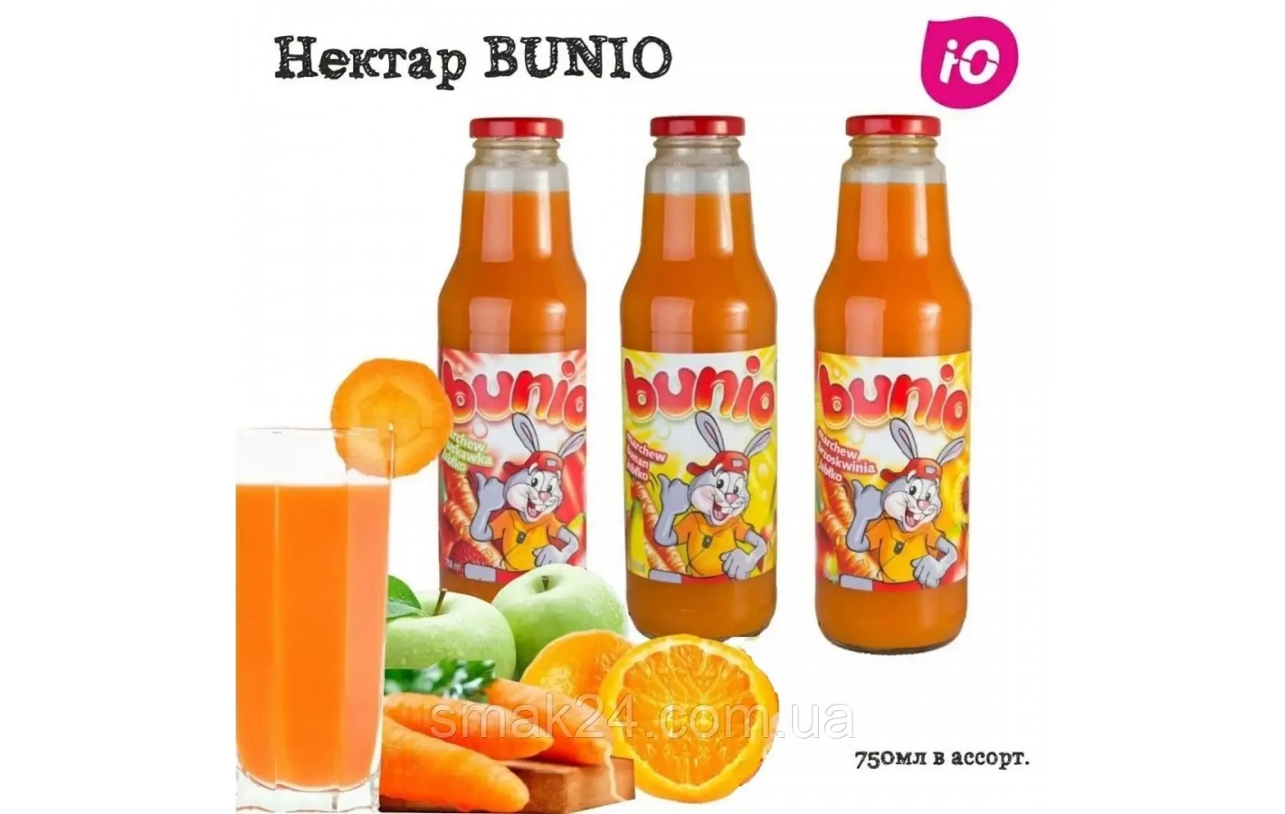 Сок Морковь, Клубника, Яблоко Bunio Marchew,Truskawka, Jablko 750 мл Польша