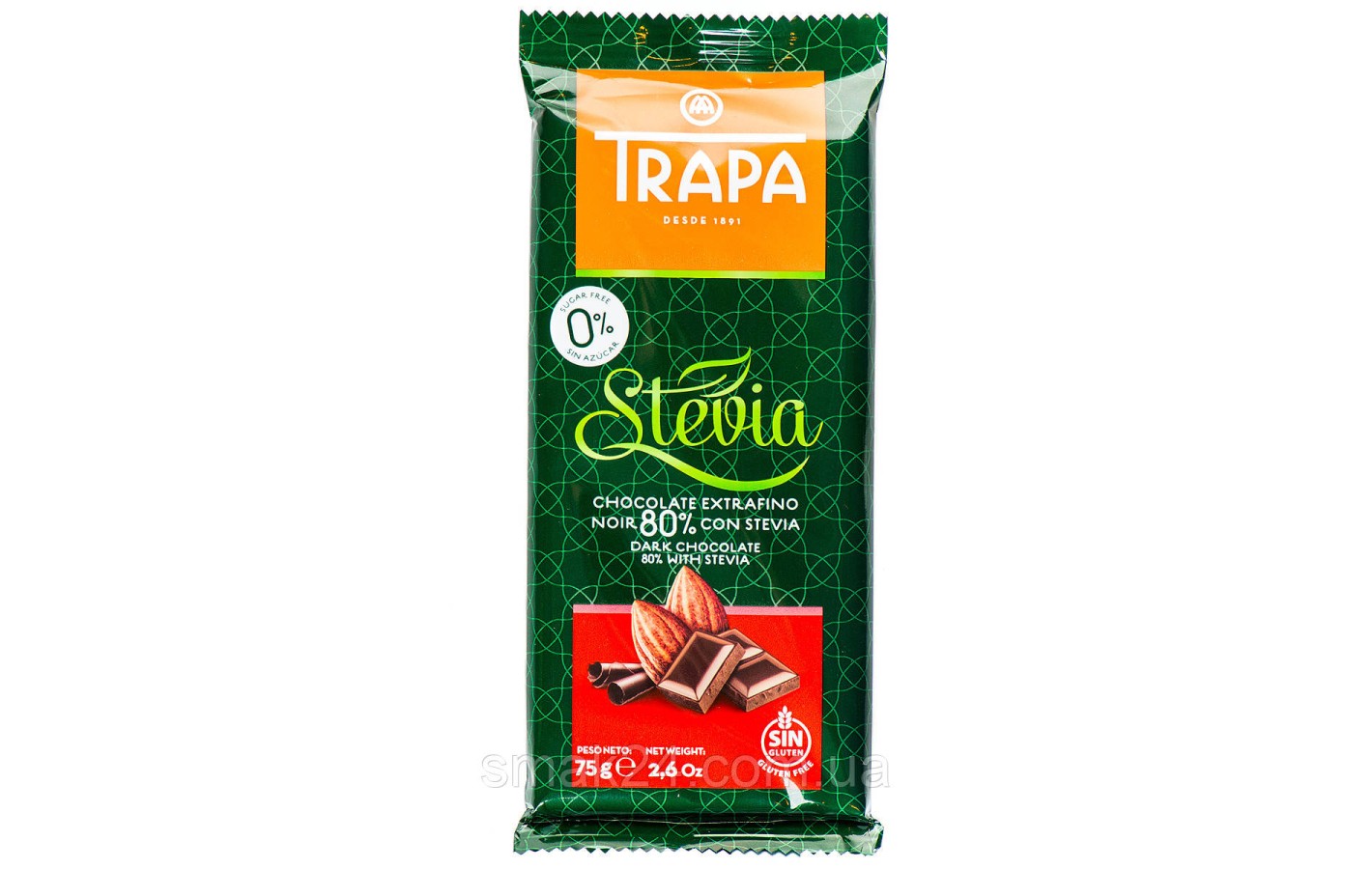 Шоколад чорний без цукру і без глютену Trapa Stevia 80% какао 75г Іспанія