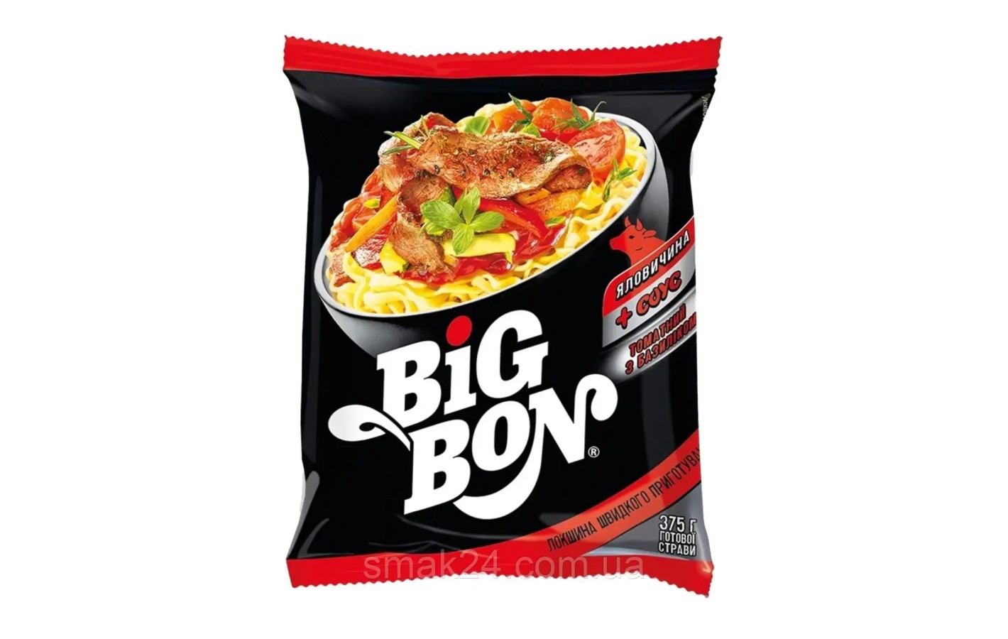 Лапша Big Bon Говядина + соус томатный с базиликом, 75г