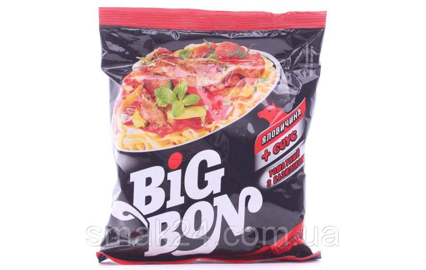 Лапша Big Bon Говядина + соус томатный с базиликом, 75г