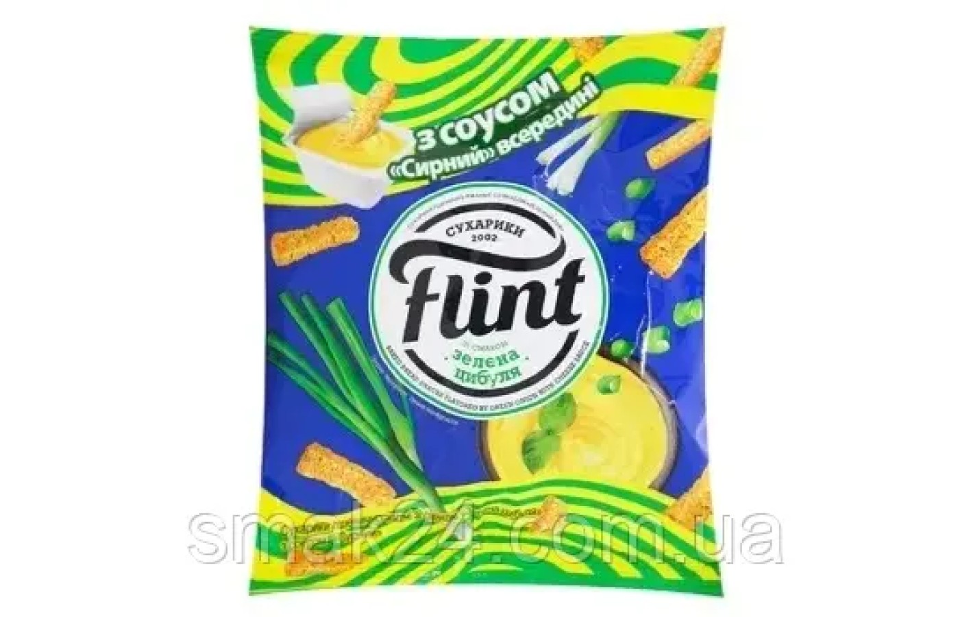 Сухарики пшенично-ржані Flint зі смаком Зелений Лук 70 г + соус сирний 15 г