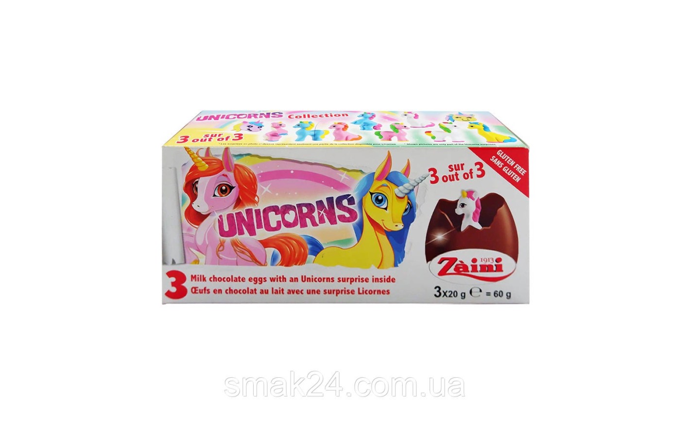Яйца с сюрпризом из белого и молочного шоколада Единороги БЕЗ ГЛЮТЕНА Unicorns (3x20г) 60г Италия