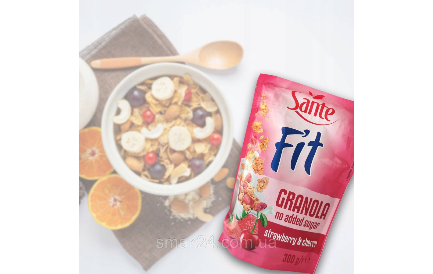 Гранола (Мюсли) с клубникой и вишней БЕЗ САХАРА Sante Fit Granola Nuts&Cocoa 300г Польша