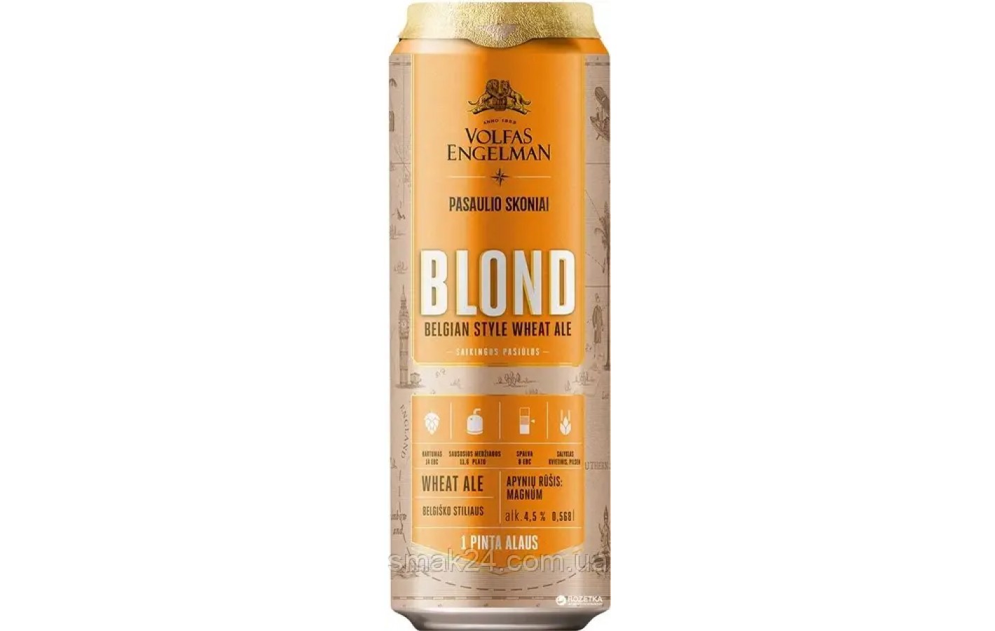 Пиво светлое нефильтрованное Volfas Engelman Blond 4.5% 0.568л Литва