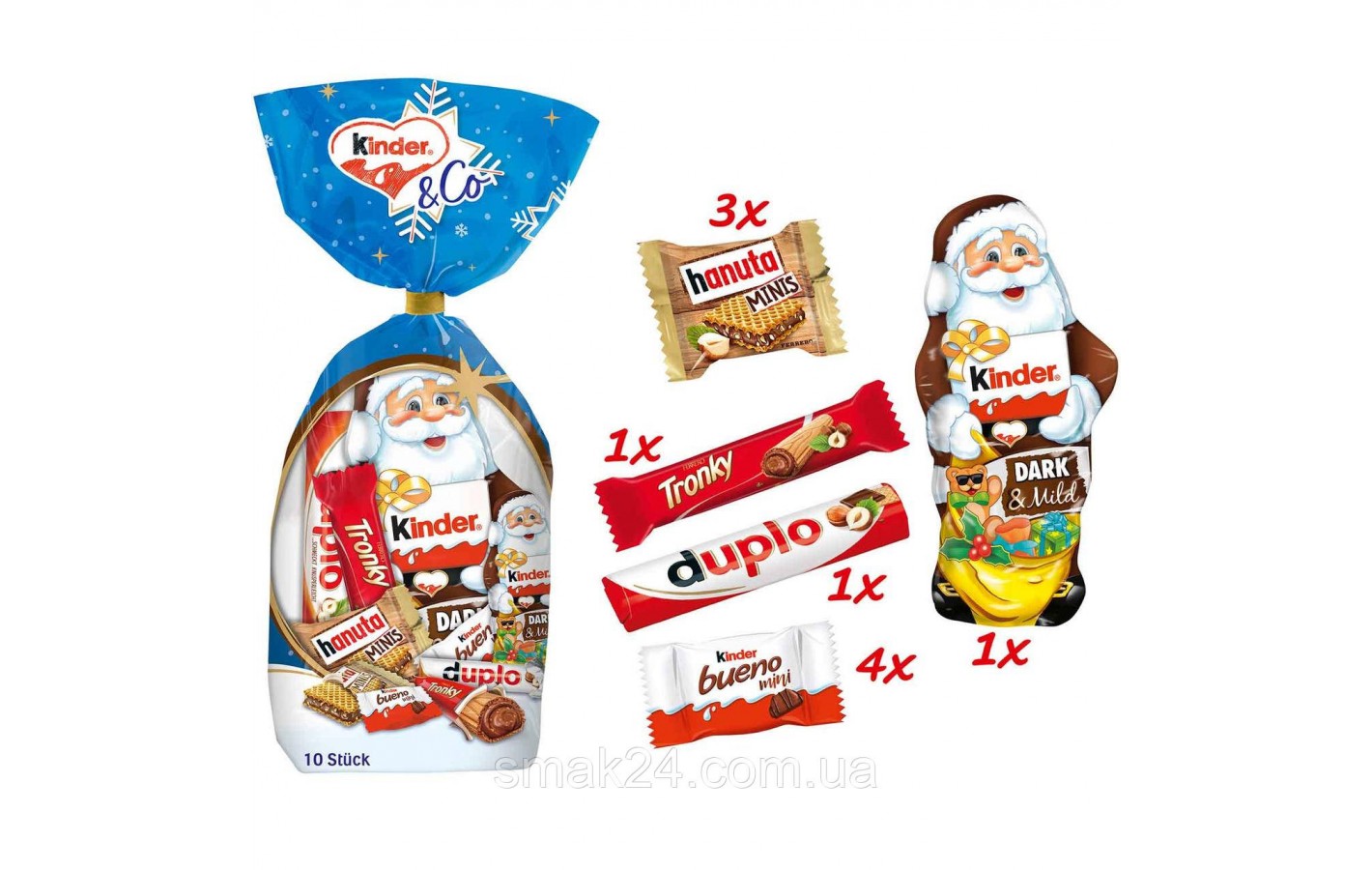 Шоколадный новогодний набор Санта-Клаус Kinder Dark & Mild (10шт) 199г Италия