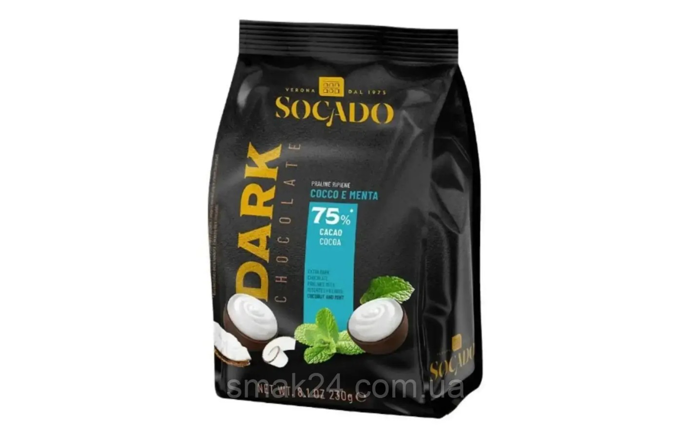 Цукерки асорті екстратемного шоколаду з кокосом і м'ятною Socado Dark Chocolate Cocco e Menta 230 г Італія