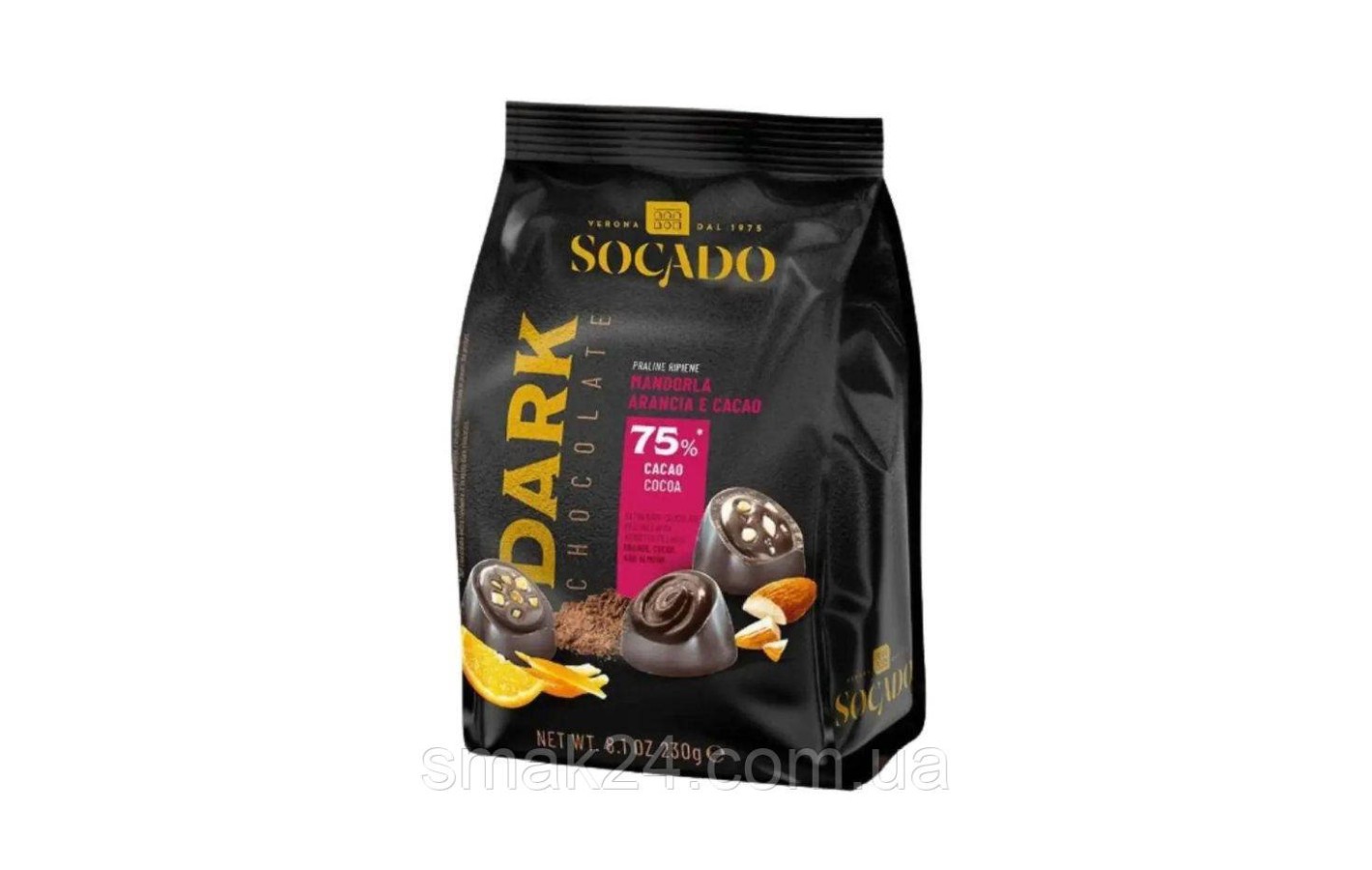 Конфеты ассорти темного шоколада Socado Dark Chocolate Arancia Cacao e Mandorla 230г Италия