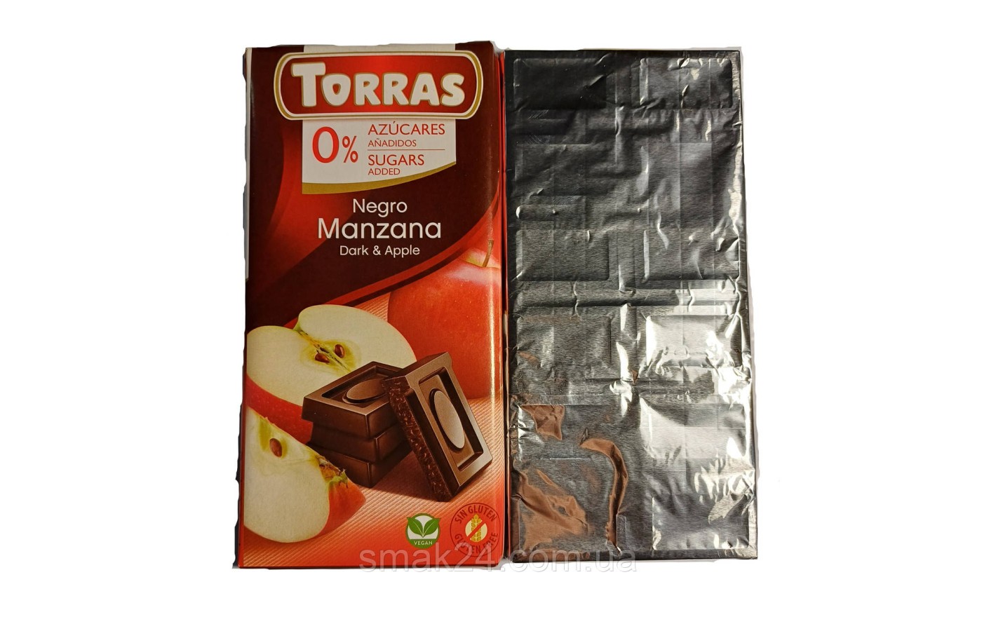 Шоколад без цукру та глютена Torras зі шматочками яблука Іспанія 75г (фабричне упакування - фольга)
