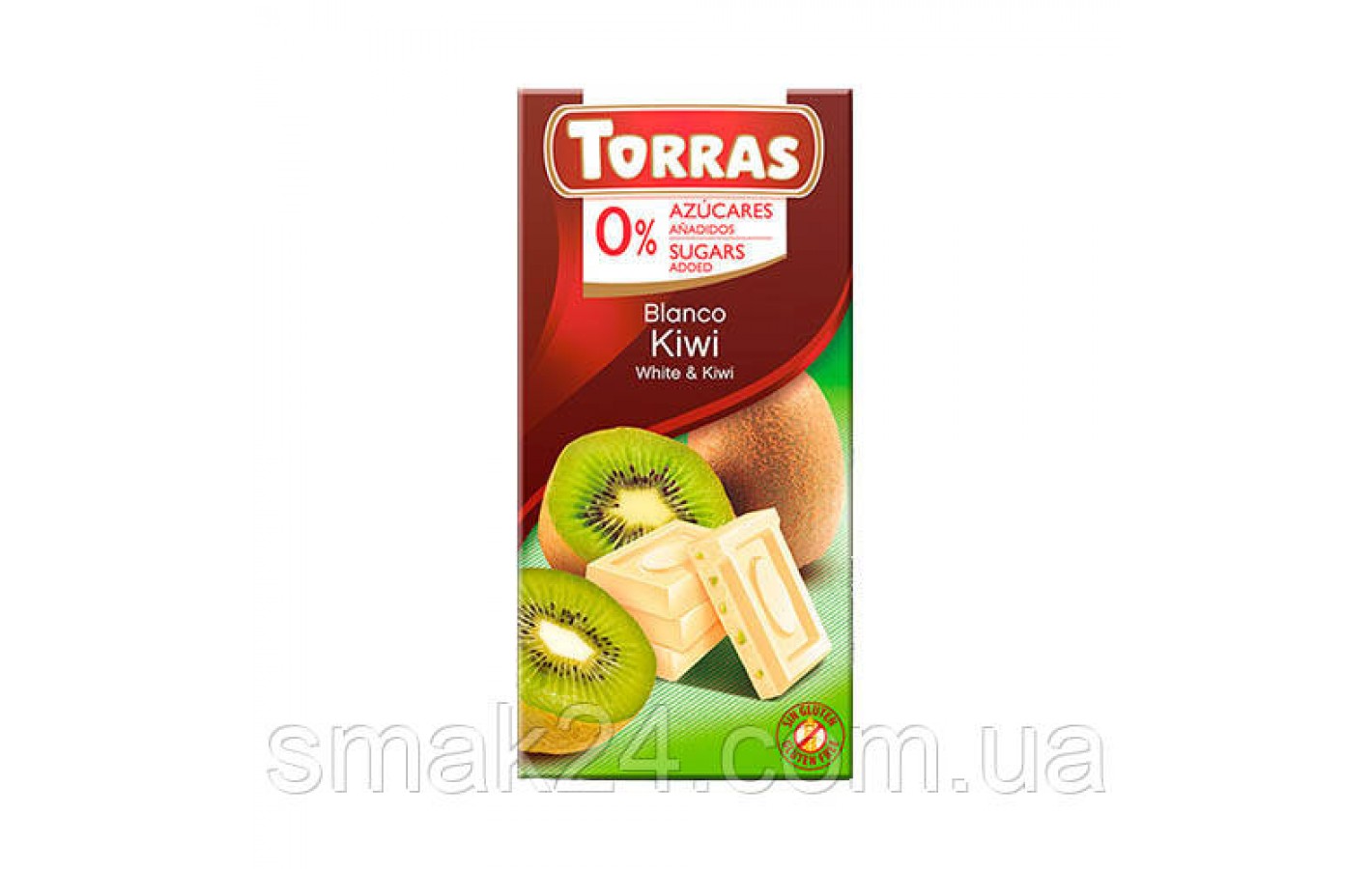 Шоколад без цукру Torras білий зі шматочками ківі Іспанія 75г (фабричне упакування - фольга)
