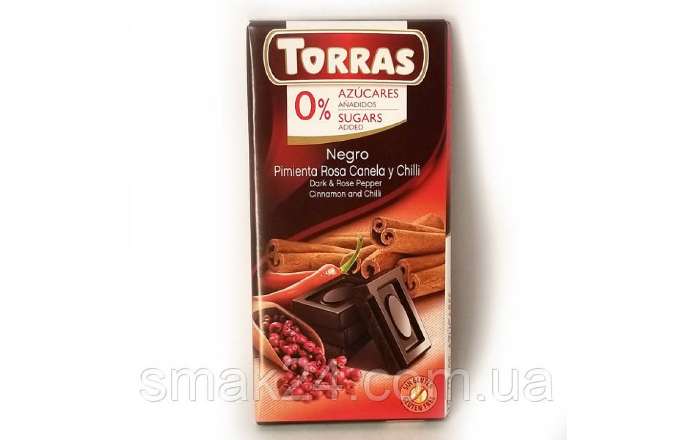 Шоколад без цукру та глютена Torras з рожевим перцем, корицею та перцем Чилі Іспанія 75г (упаковка-фольга)