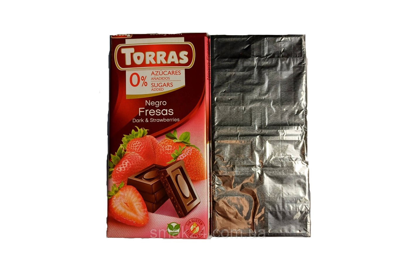 Шоколад без сахара Torras черный с кусочками клубники Испания 75г(фабричная упаковка - фольга)