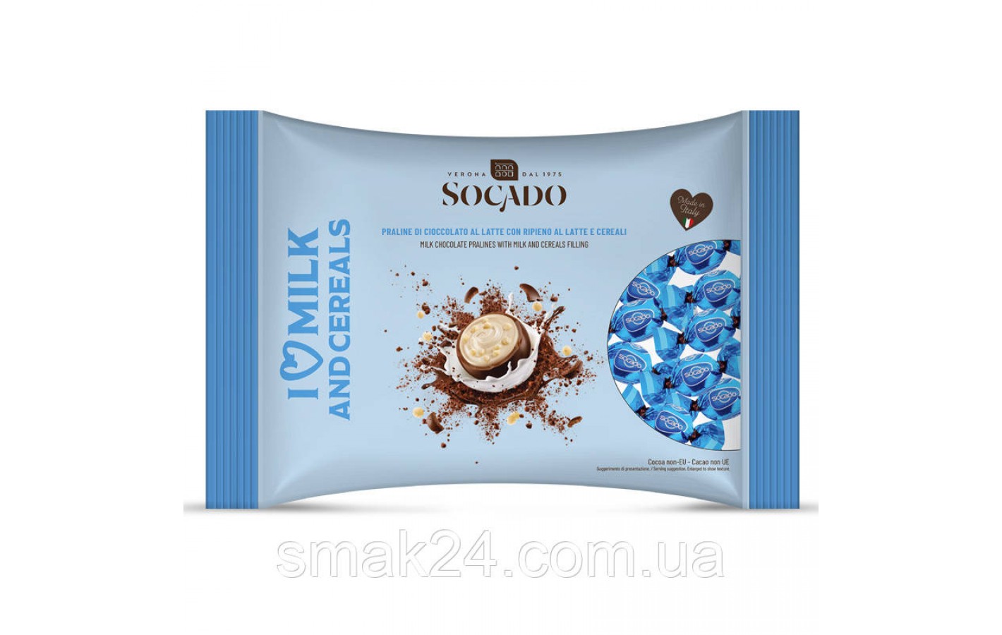 Конфеты шоколадные Я Люблю Молоко и Злаки Socado I lave milk and cereals 1кг Италия
