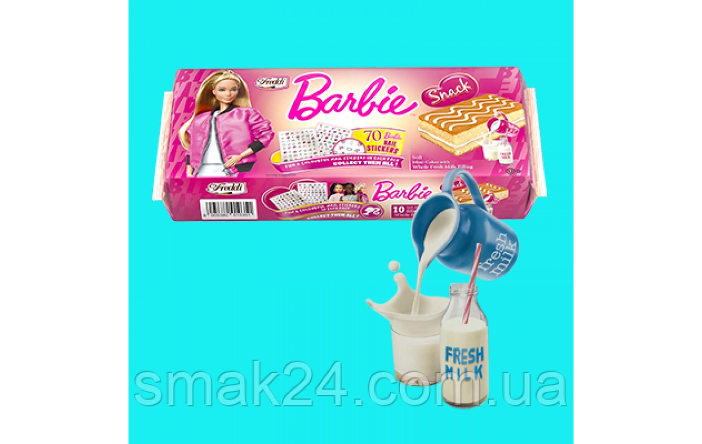 Пирожное бисквитное с молочным кремом + 70 наклеек для ногтей Freddi Barbie (10*25г) 250г Италия