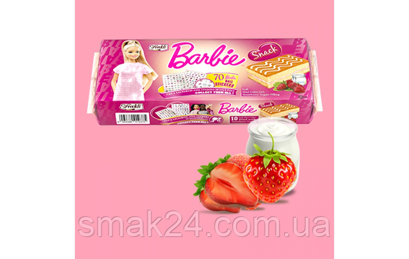 Пирожное бисквитное с клубничным кремом + 70 наклеек для ногтей Freddi Barbie (10*25г) 250г Италия