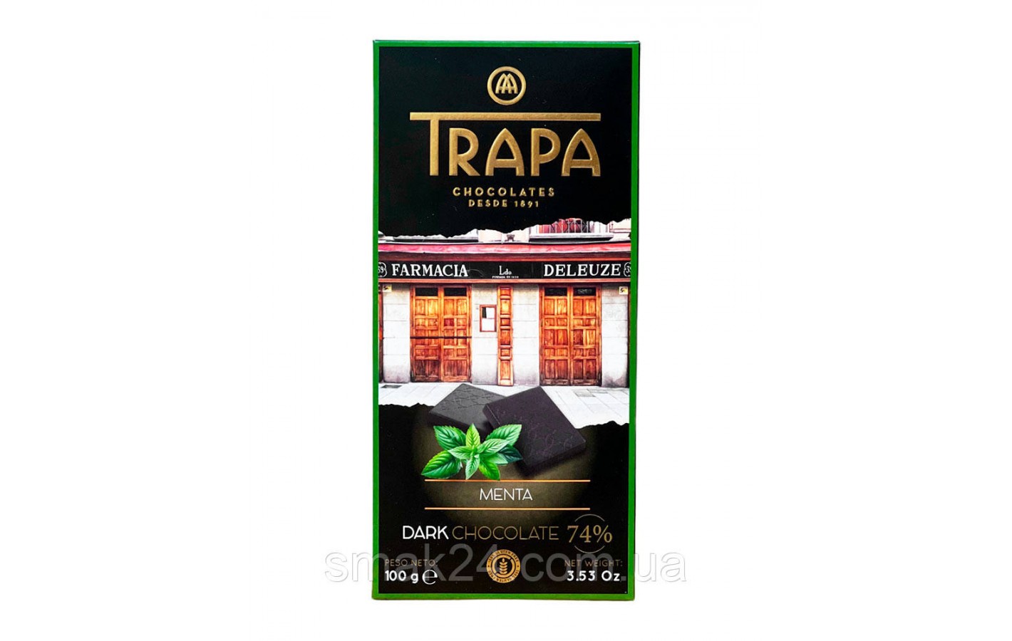 Шоколад  черный с Мятой БЕЗ ГЛЮТЕНА Trapa Choco Dark 74% Menta 100 г Испания