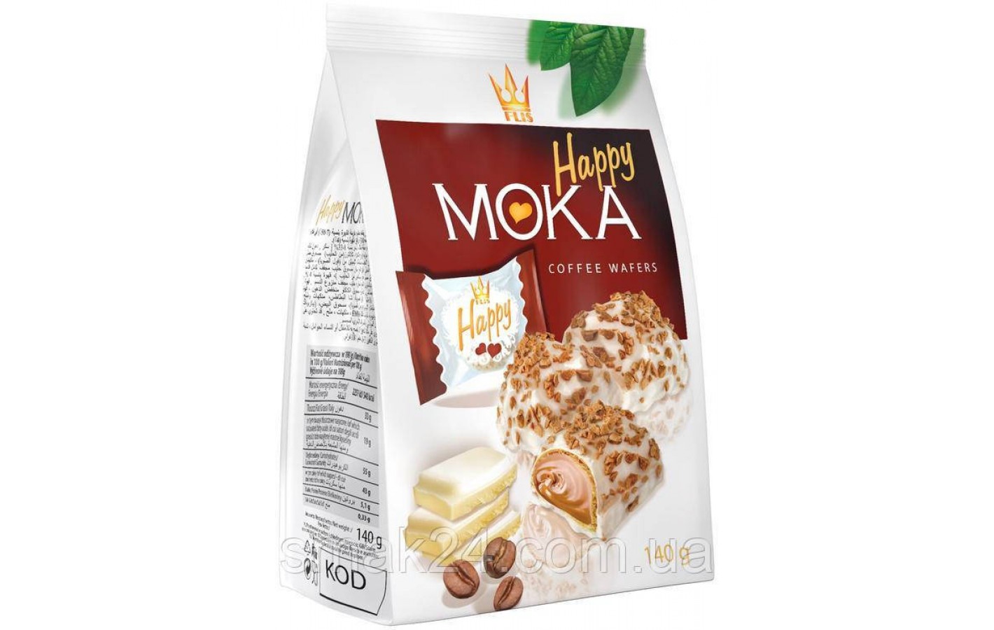 Вафельні цукерки з кавовою начинкою в білому шоколаді Happy Moka 140 г Польща