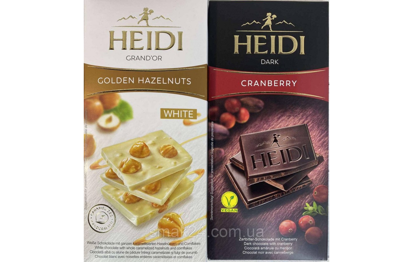 Шоколад (2шт) белый с цельным фундуком 100г и темный с Клюквой 80г Heidi Румыния