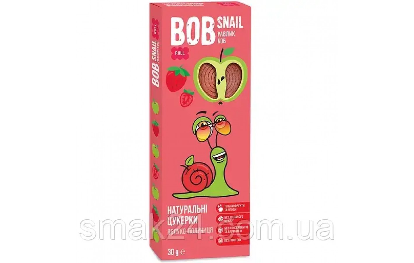 Цукерки фруктові яблочно-клубничные БЕЗ ЦУКРУ ТА ГЛЮТЕНУ Bob Snail 30 г