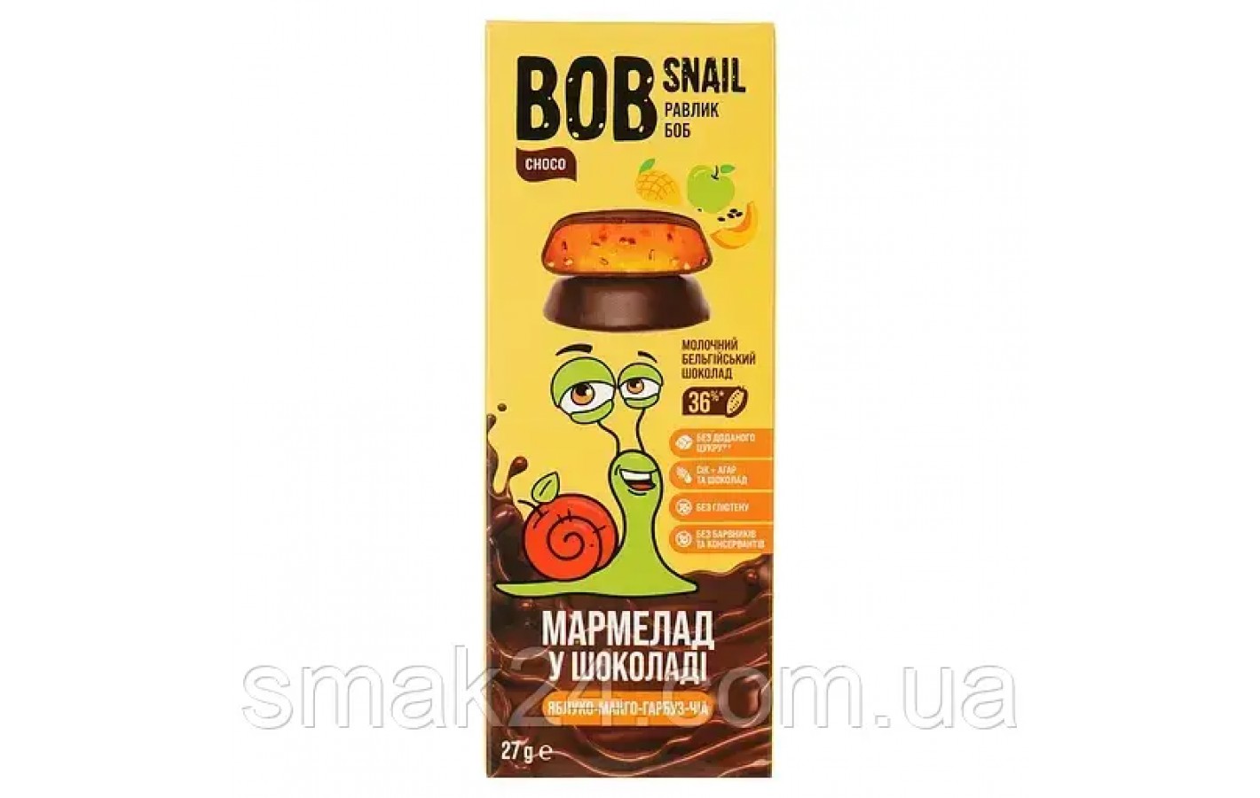 Мармелад Фруктово-овощной  Bob Snail Яблоко-Манго-Тыква-Чиа в бельгийском черном шоколаде 27 г
