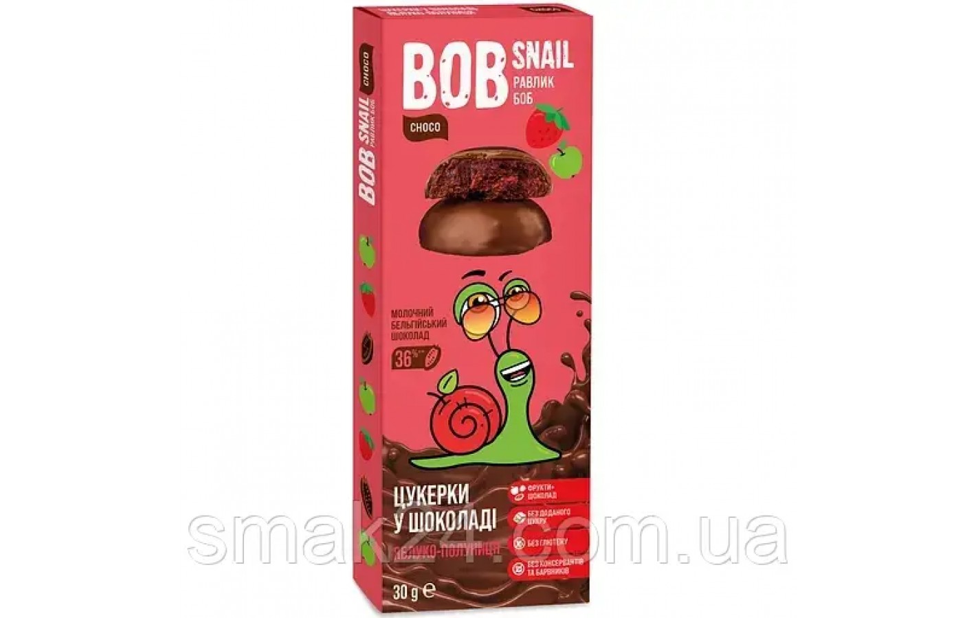 Цукерки Яблучно-полуничні Bob Snail у молочному шоколаді 30 г