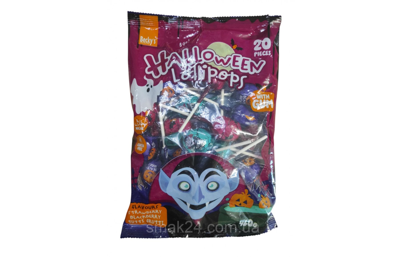 Леденцы на палочке БЕЗ ГЛЮТЕНА HALLOWEEN Lollipops (клубника, черника, тутти-фрутти) (20х23г) 460г Нидерланды