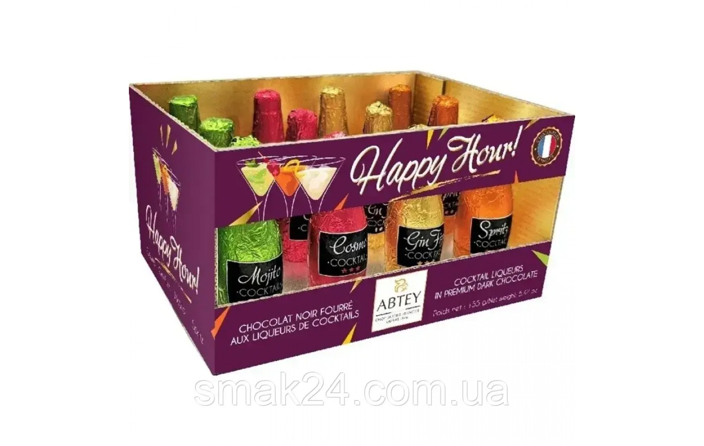 Конфеты Бутылочки с ликером  HAPPY HOUR COCKTAIL FILLING IN PREMIUM DARK CHOCOLATE ABTEY 155г Франция