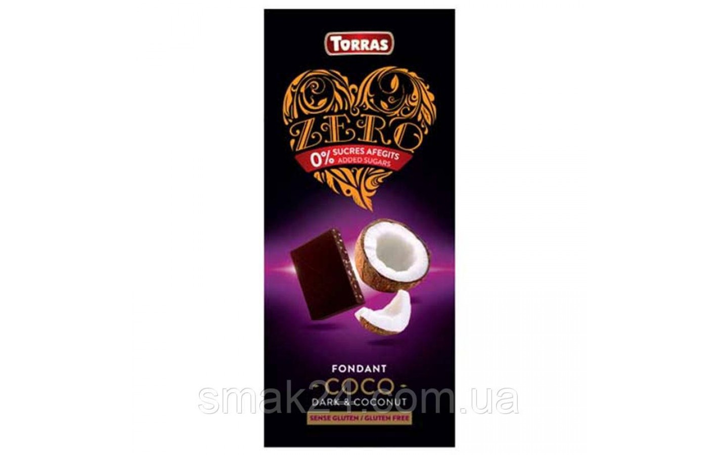 Шоколад без цукру Torras ZERO чорний з кокосом Іспанія 125г