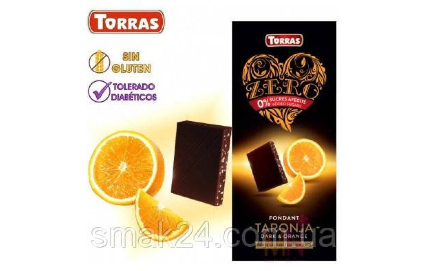 Черный шоколад без сахара и глютена  Torras ZERO NEGRA TARONJA с апельсином Испания 125 г