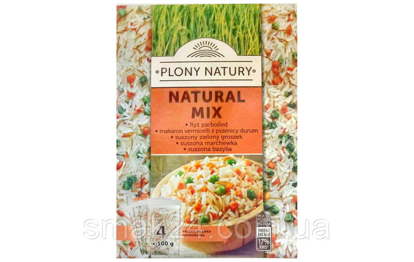 Крупа (каша) рис PLONY NATURY МИКС (рис, зеленый горошек, морковь,, базилик ( 4х100г) Польша 400Г