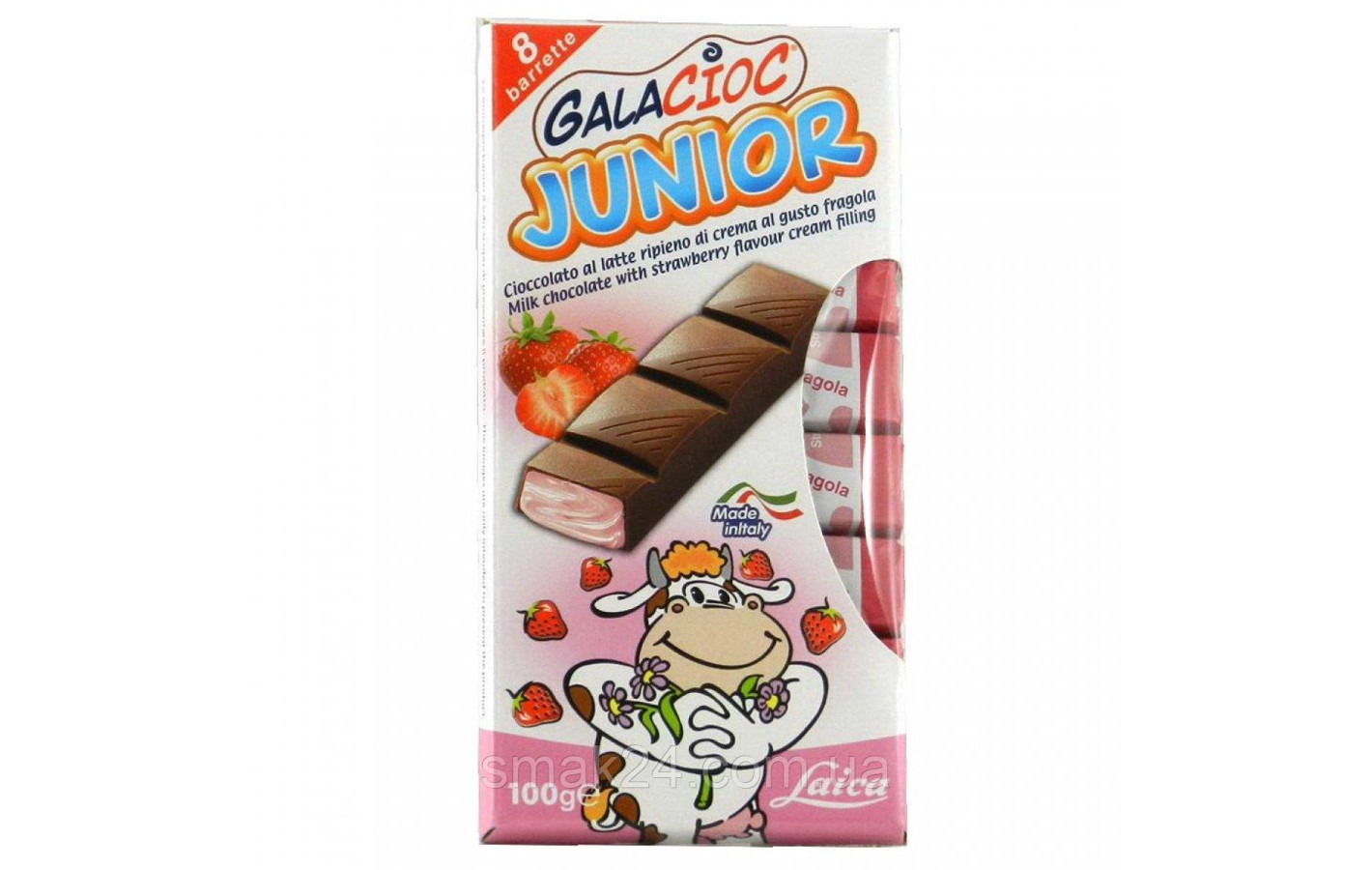 Шоколад молочный без консервантов с клубничной начинкой Junior  Laica 100г Италия