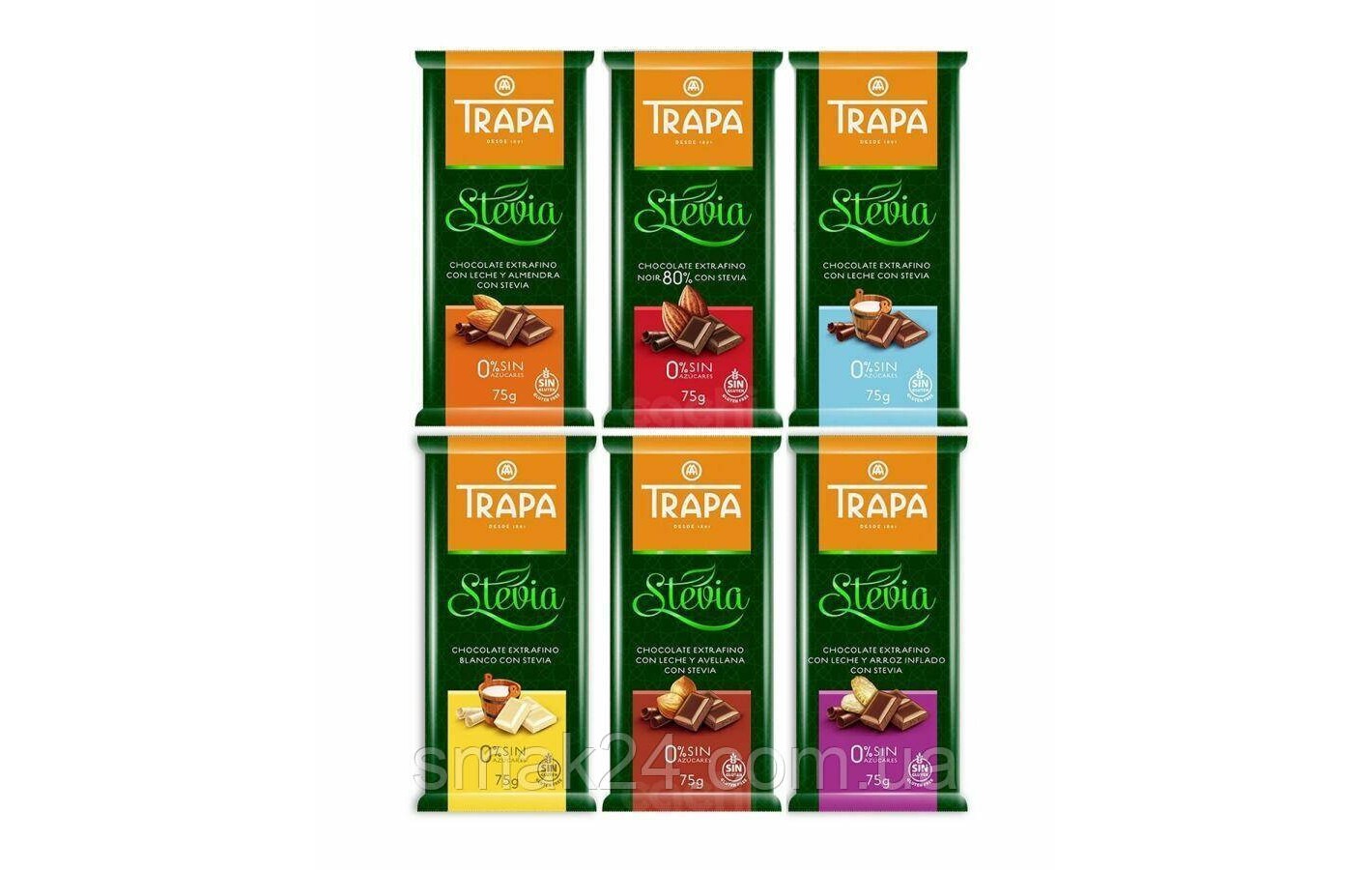 Шоколад чорний без цукру та без глютену Trapa Stevia 50% какао 75 г Іспанія