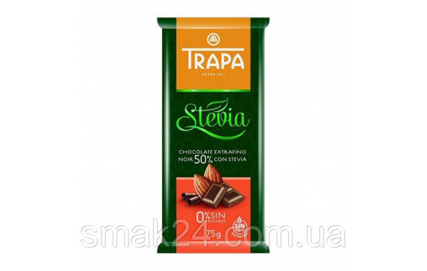 Шоколад чорний без цукру та без глютену Trapa Stevia 50% какао 75 г Іспанія