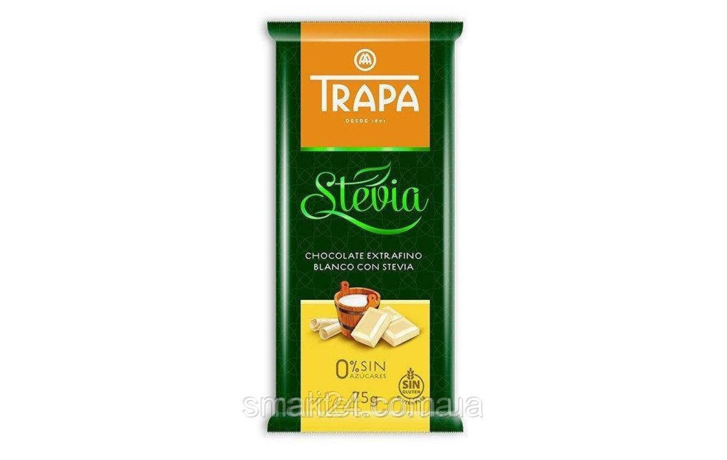 Шоколад білий без цукру і без глютену Trapa Stevia 75г Іспанія
